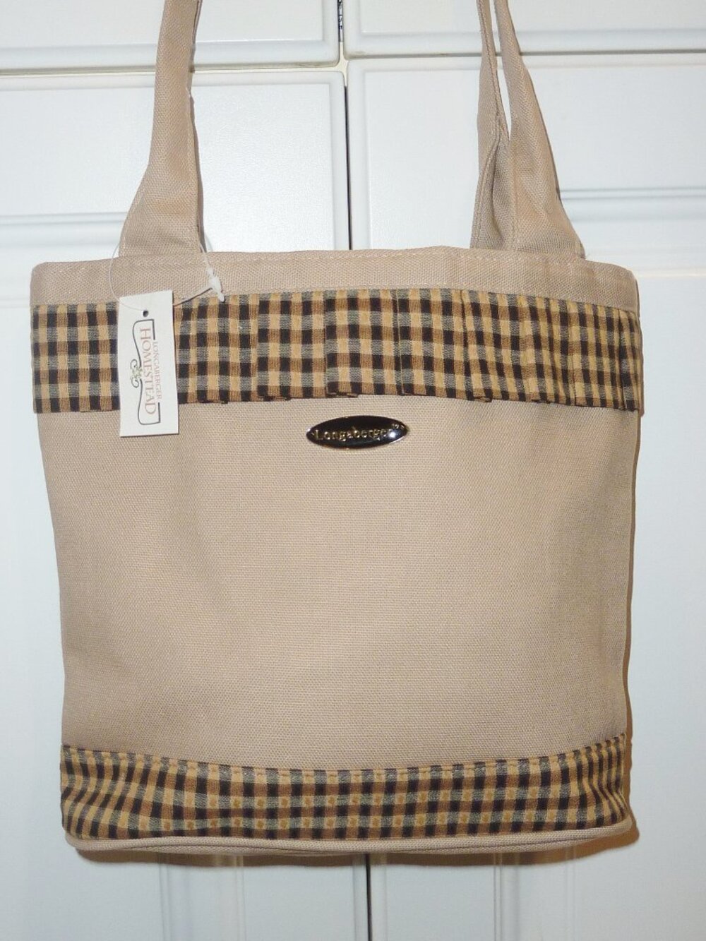 NWT Longaberger Tan with Tan and Black Check Accent Purse Tote